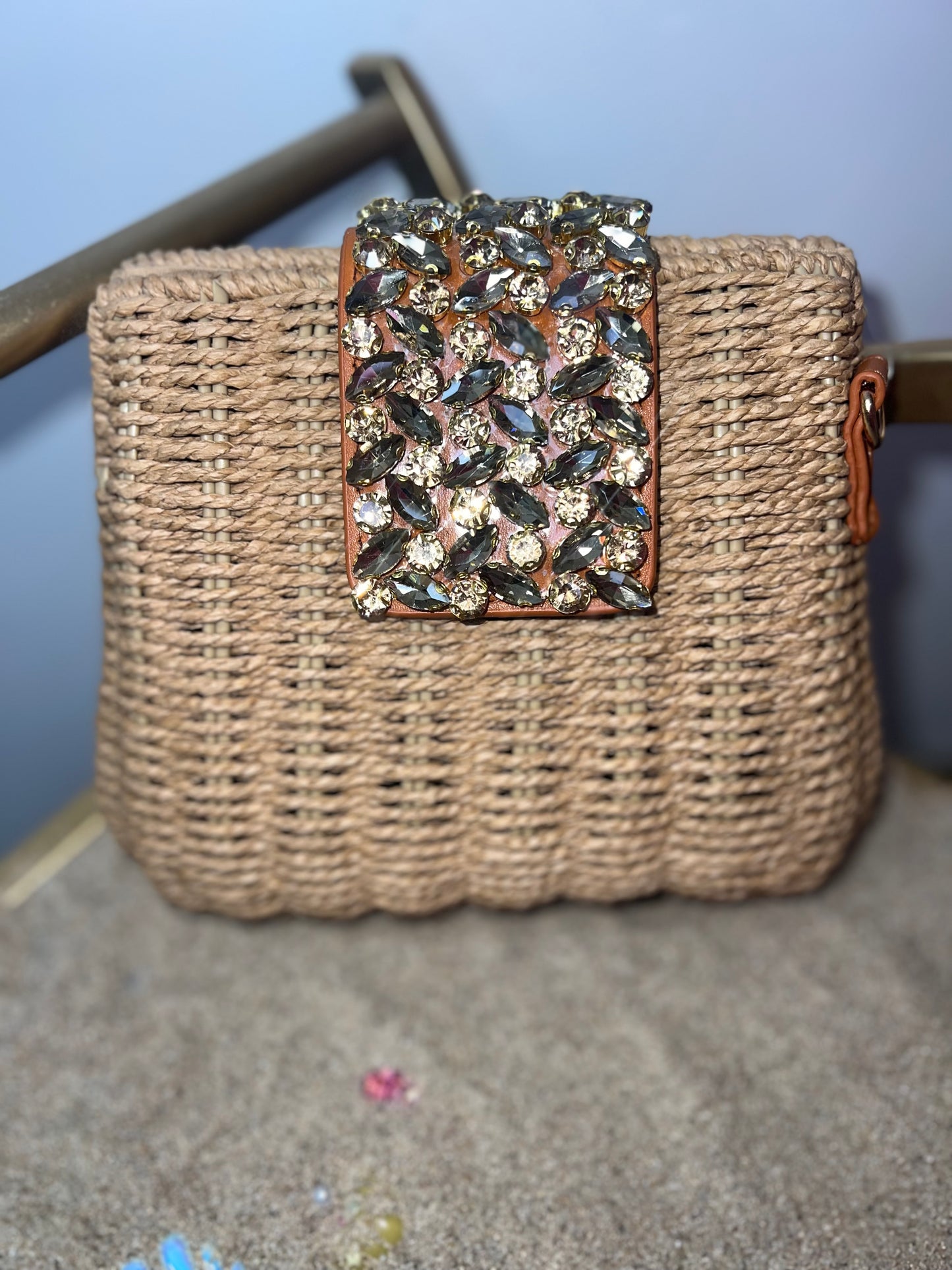 Woven straw jewel bag with strap