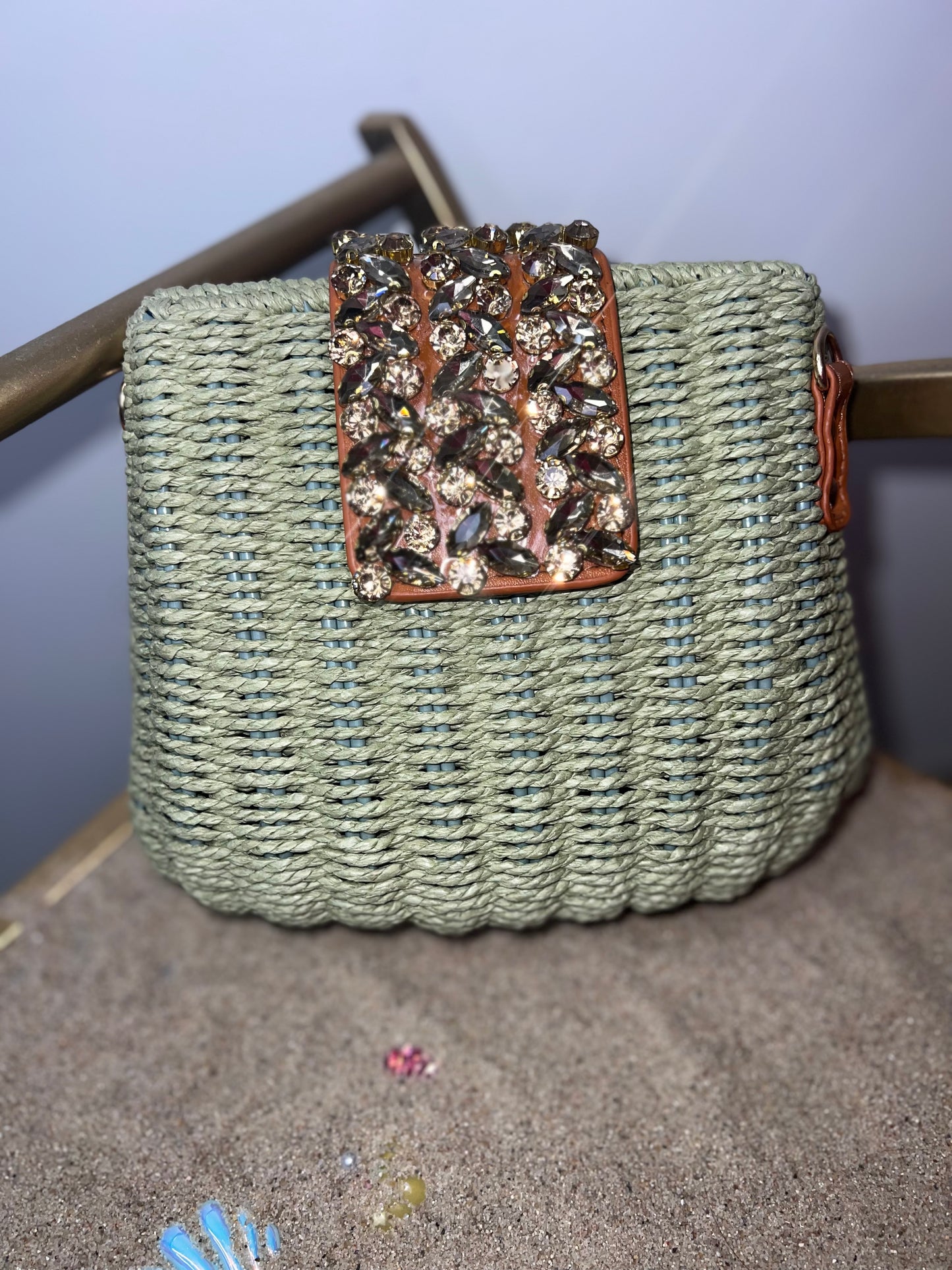 Woven straw jewel bag with strap