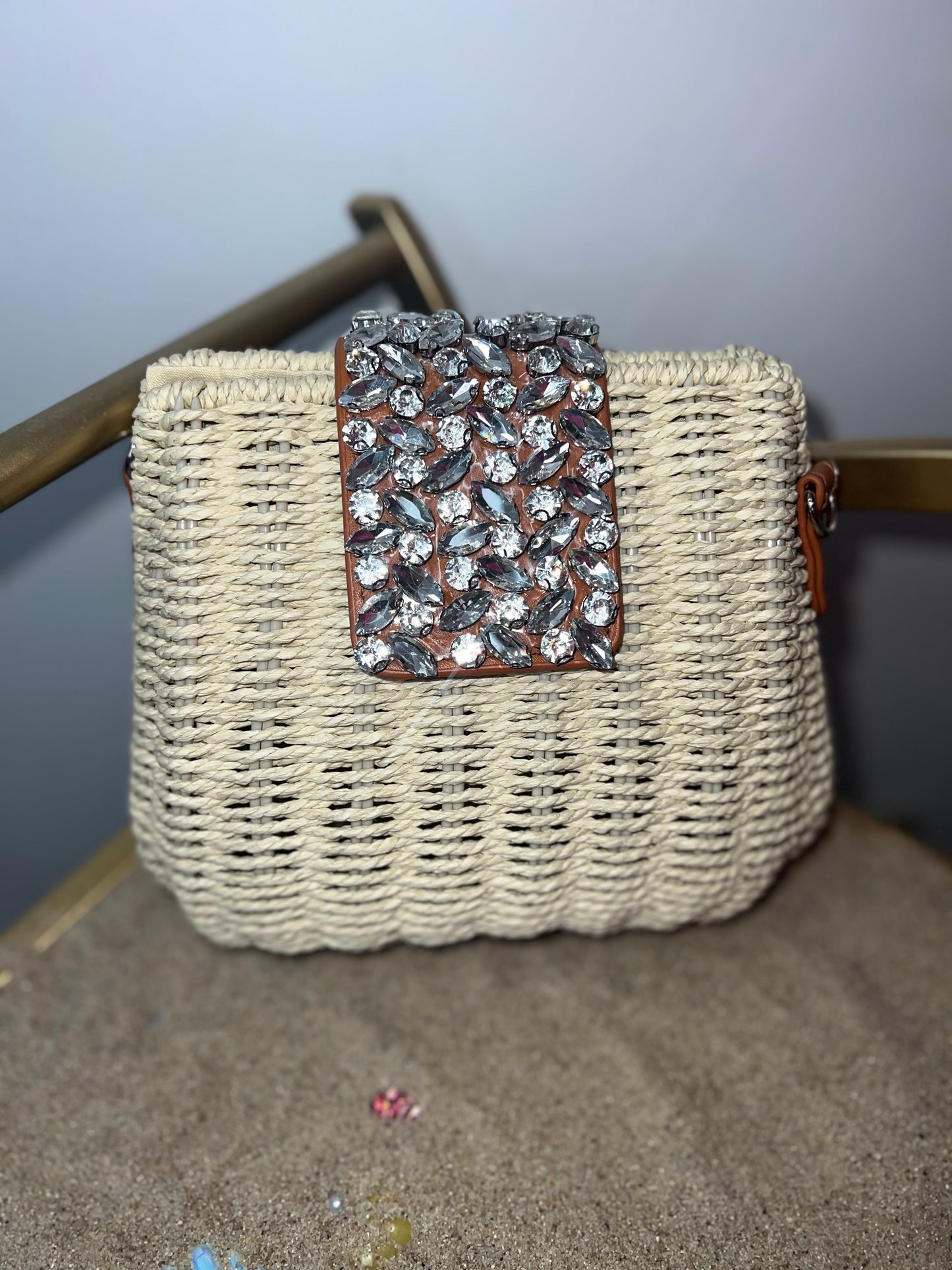 Woven straw jewel bag with strap