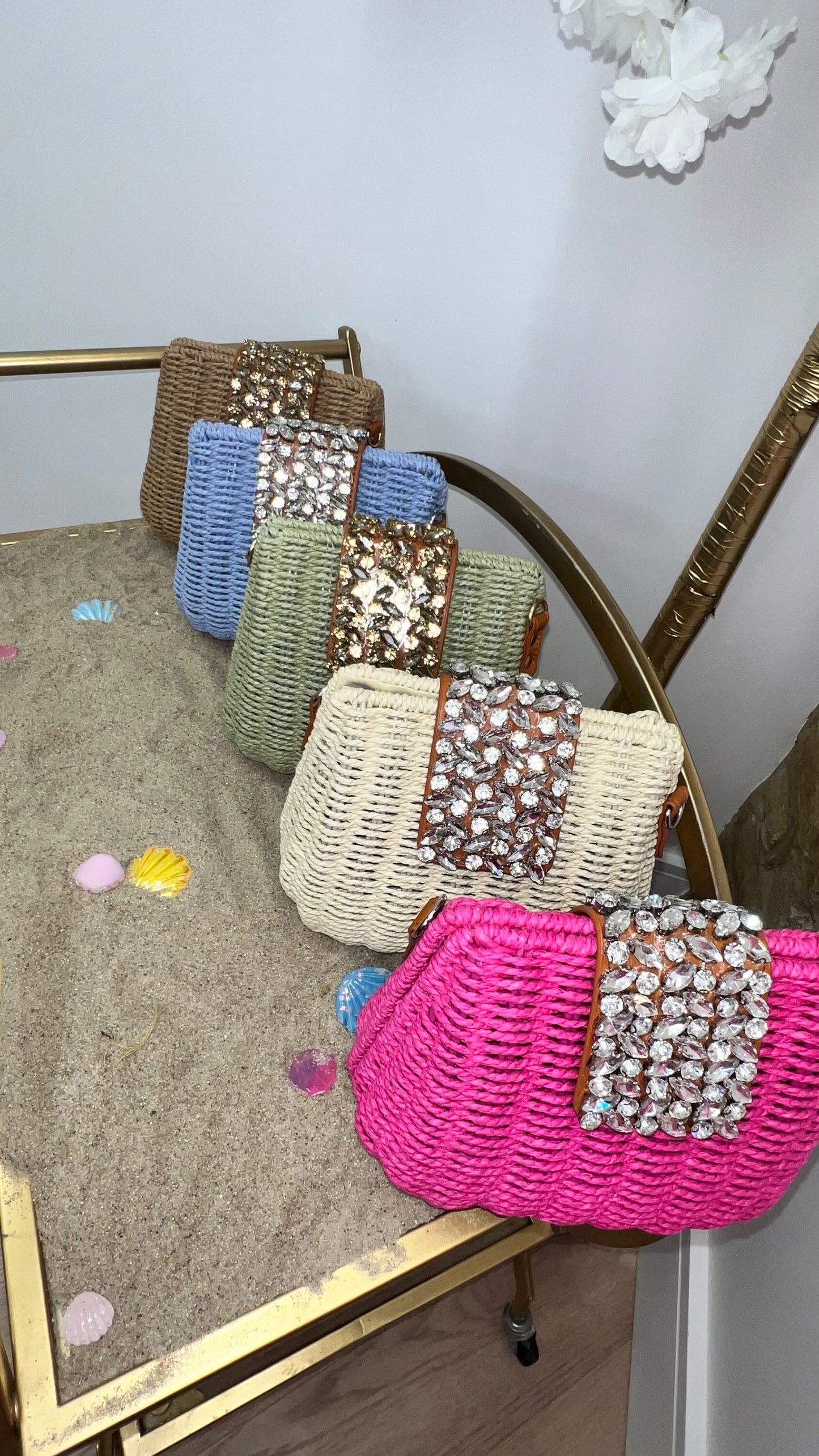 Woven straw jewel bag with strap