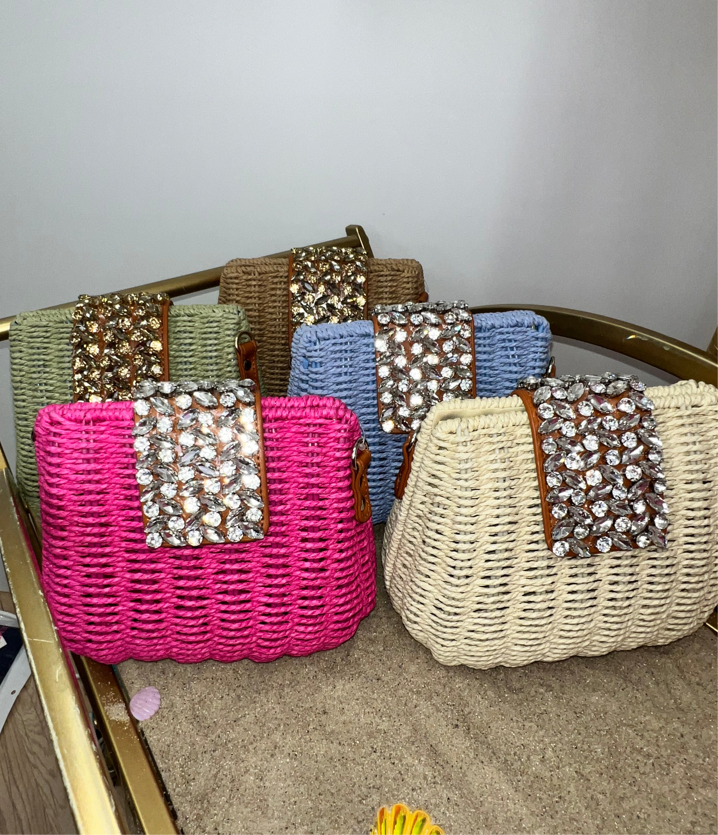 Woven straw jewel bag with strap